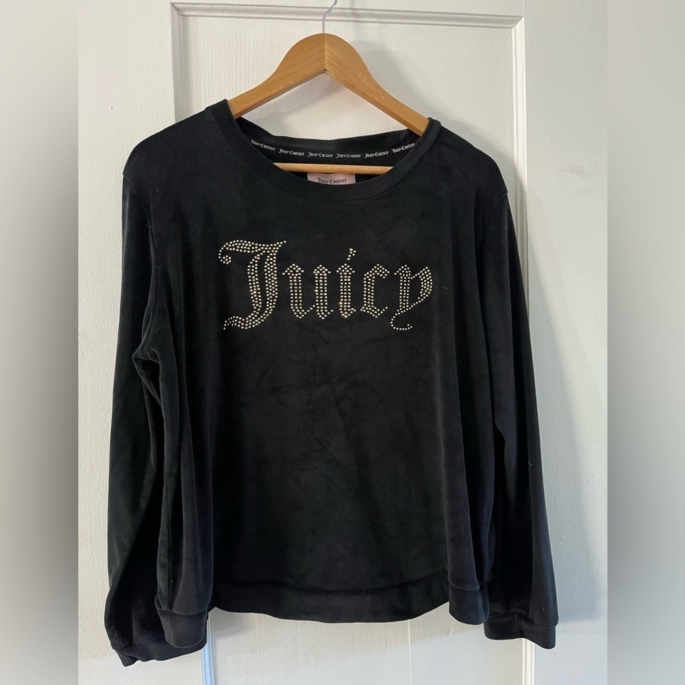 Juicy Couture Black Velour Bedazzled Lounge Top Long Sleeve XL Y2K - Picture 7 of 9